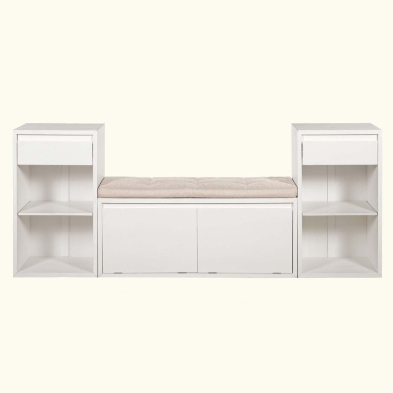 Banc de rangement tout-en-un avec coussin, compartiments, tiroirs et tablettes ouvertes, banc de rangement pour couloir, vestibule, salon