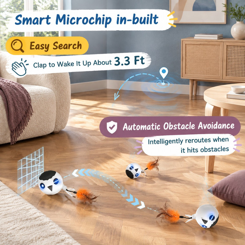 Balle pour chat à détecteur de mouvement automatique pour chats d'intérieur avec 4 sons, 3 modes de vitesse, roulement rapide, lumière clignotante, activation par mouvement et 2 recharges de plumes.