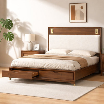 Mid-Century Modern 1Pc Eastern King Size Bed W Storage Drawers Walnut Solid Wood Upholstered HB Reading Light Bedroom Furniture