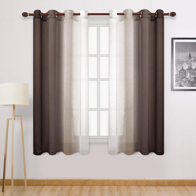 2 Panels Ombre Sheer Curtains Faux Linen Semi Voile Gradient Farmhouse Style Curtains, Grommet Top Window Drape Panels for Bedroom and Living Room