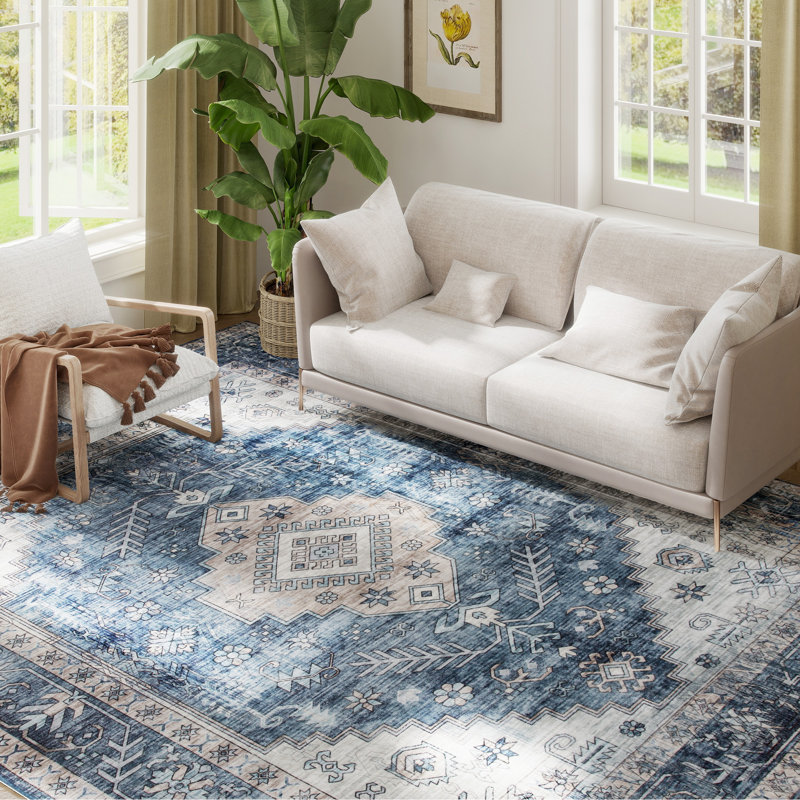  Vintage Machine Washable Rug, Non-Slip Floor Carpet for Living Room, Bedroom, Dining Room, Home Office, Blue
