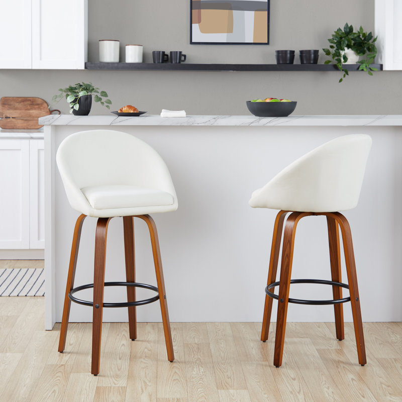 Maddison 30" High Back Fixed-Height Bar Stools With Bent Wood Legs & Round Footrest, Bar Stool (30” Seat Height), Cream