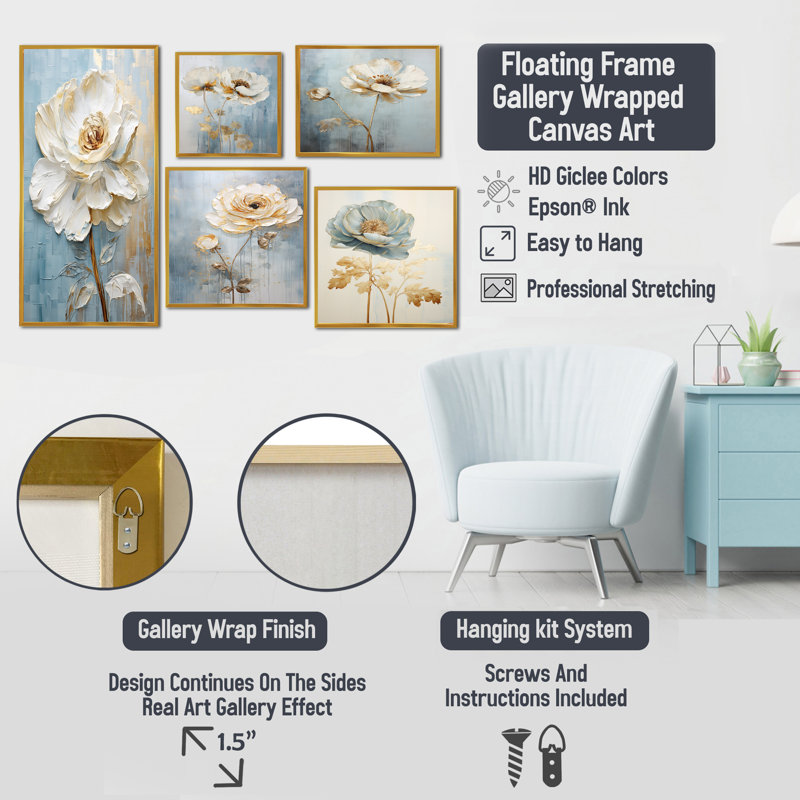 Ranunculus Radiance Treasure I - ensemble d'art mural sur toile Ranunculus, ensemble de 5, Cadre flottant blanc