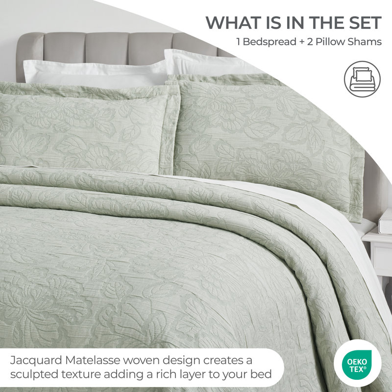 Hibiscus 100% Cotton Dual-Tone Matelassé Floral Bedspread Set , Sage, Full Bedspread + 2 Standard Pillowshams