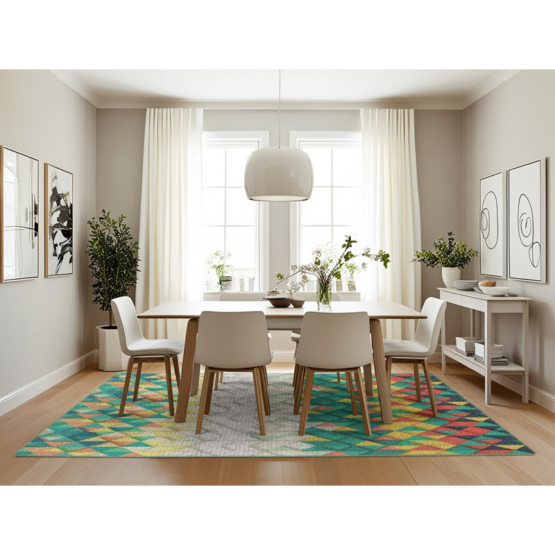 Tapis géométrique vert / jaune / crème, Rectangle 7 pi x 10 pi