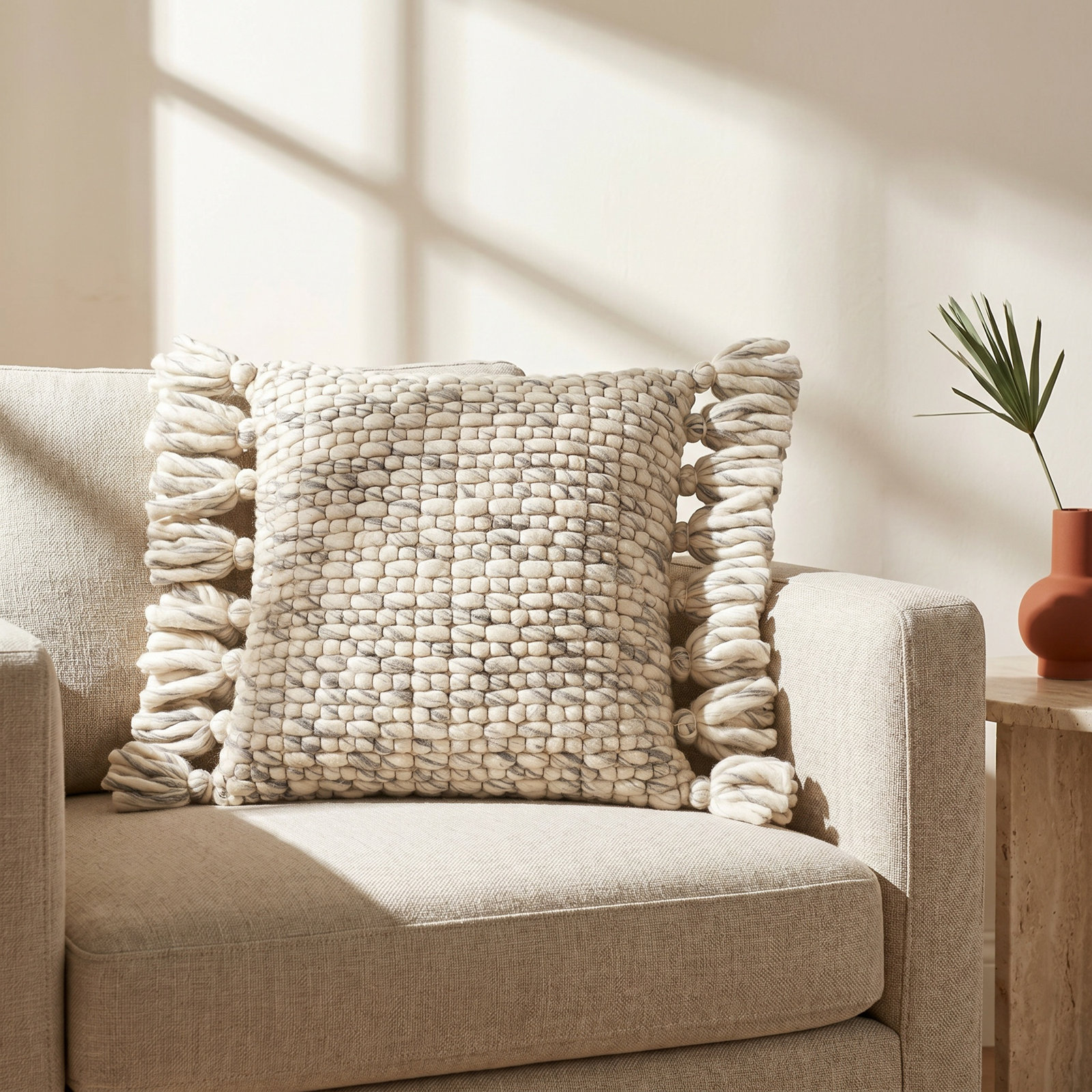 Cormac Wool Throw Pillow, Gray/Beige/Charcoal, 18" x 18", Down