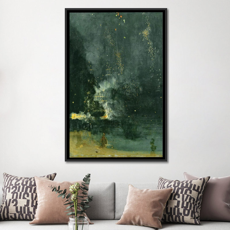 Nocturne en noir et or The Falling Rocket - reproduction d'art murale - toile encadrée, 60 po x 40 po, Toile avec cadre, Noir