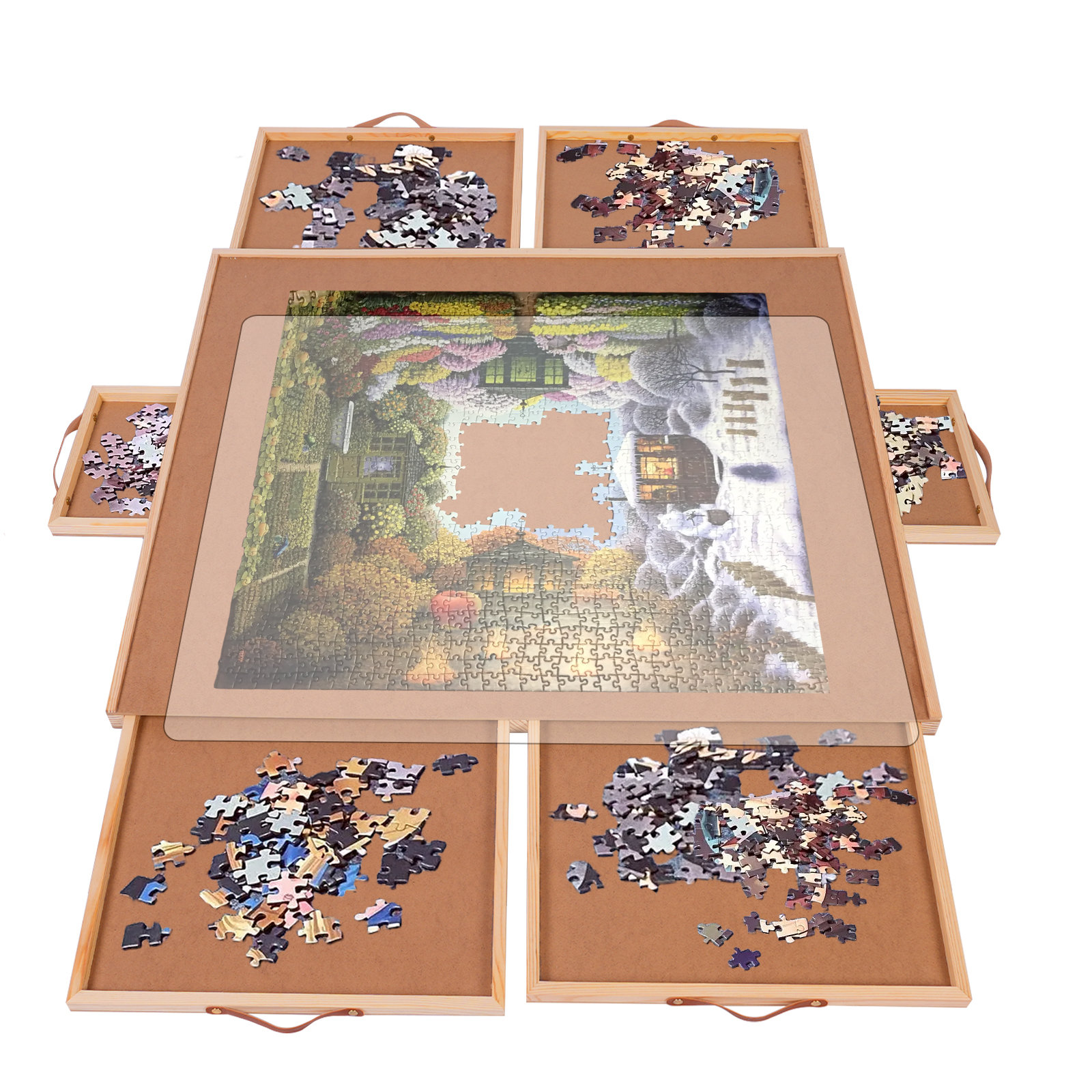 1500 Piece Puzzle Table With 360° Rotation And Easy Pull Drawers, Wooden Puzzle Board With Cover For Sorting Storage