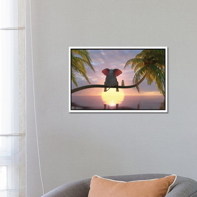 Elephant And Dog Sit On A Palm Tree On The Beach by Mike Kiev - Print on Canvas