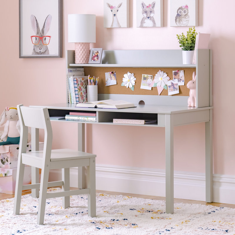 Gray Wooden Kids' Desk with Hutch and Chair Set
