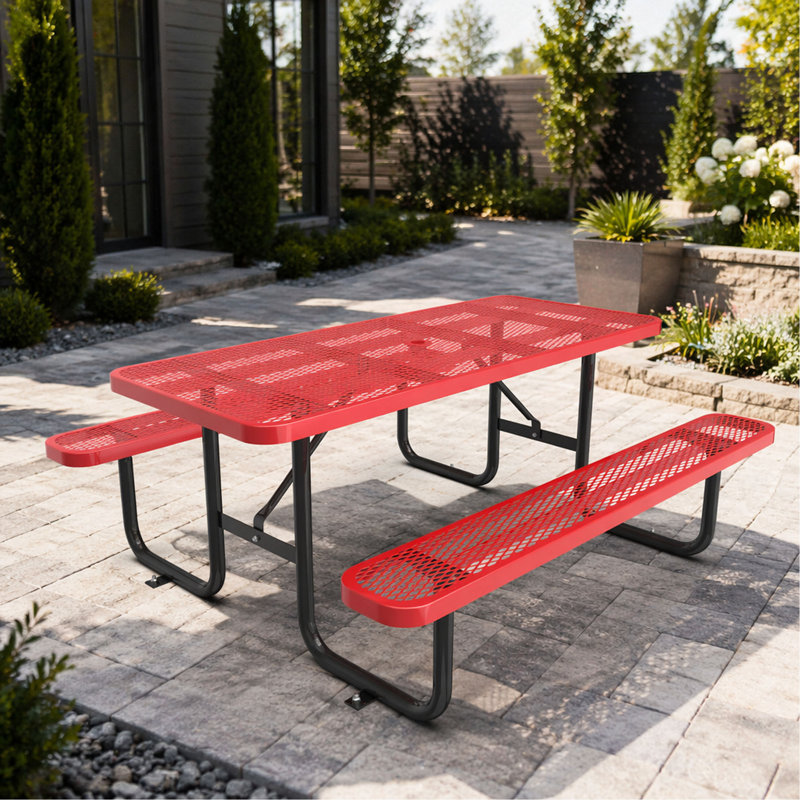 Ensemble de table longue et de chaises de 6 pi avec trou pour parasol, Noir et rouge