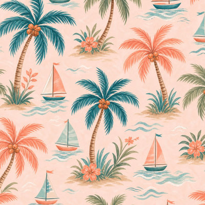 Papier peint adhésif à motif de palmiers tropicaux, voiliers roses et transparents aux couleurs pastel, l 23,6 po x H 118 po, papier peint adhésif amovible pour les chambres de bébé