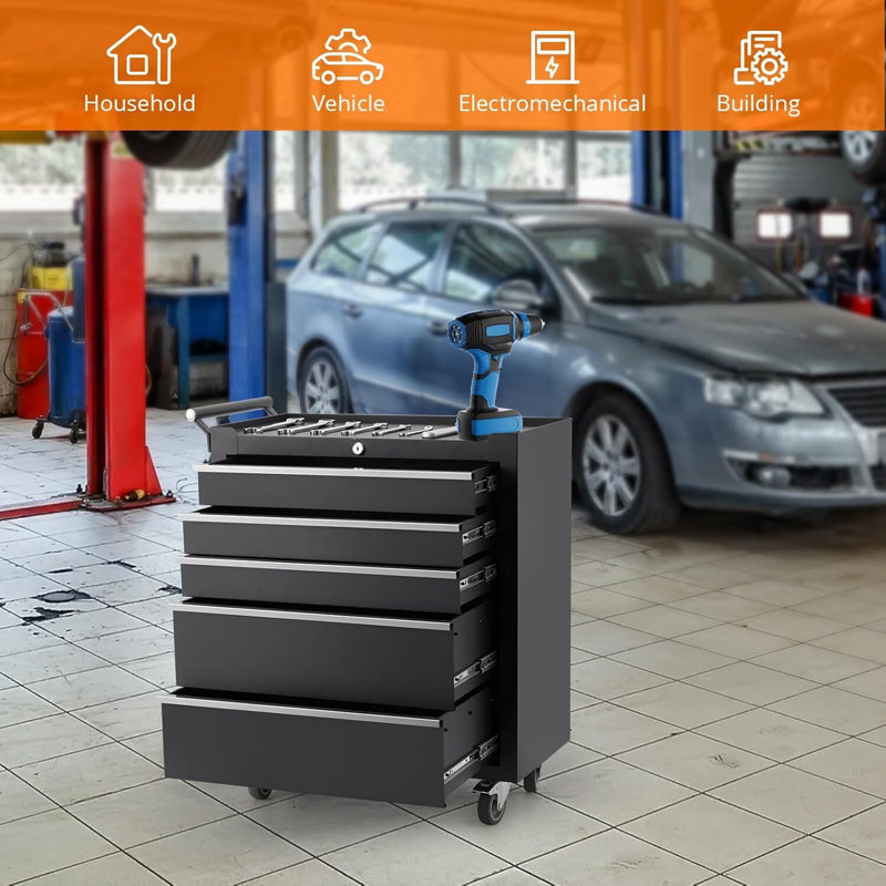 5-Drawer Tool Chest, With Caster Wheels, Black
