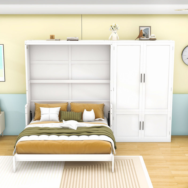 Grand lit escamotable en bois avec tablettes, Blanc