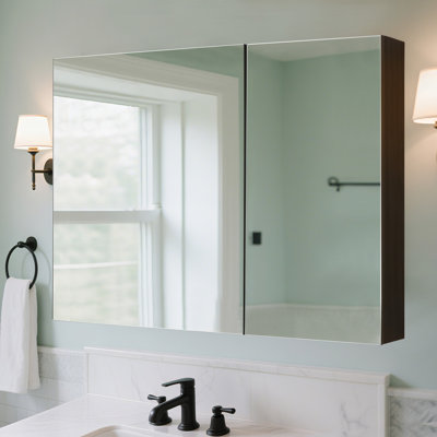 Medicine Cabinet With Mirrors For Bathroom, Frameless Black Bathroom Mirror Cabinet, 31.5 X 24 Inch Surface Mounted Wood Medicine Cabinet With Mirror Doors