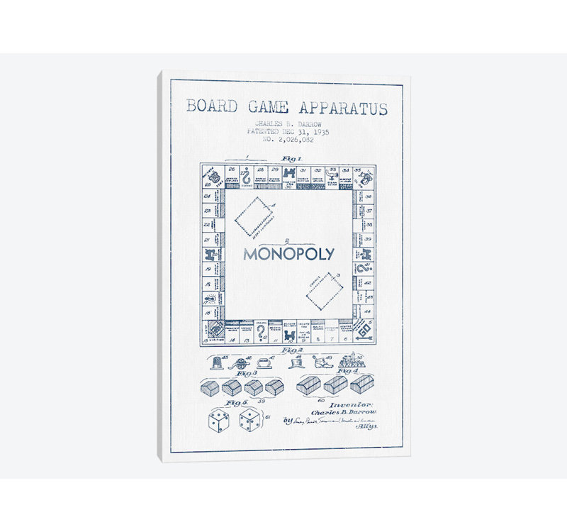 « charles b. darrow monopole brevets », reproduction d’impression sur toile blanc, H 26 po x l 18 po x P 1,5 po, Pas de tapis