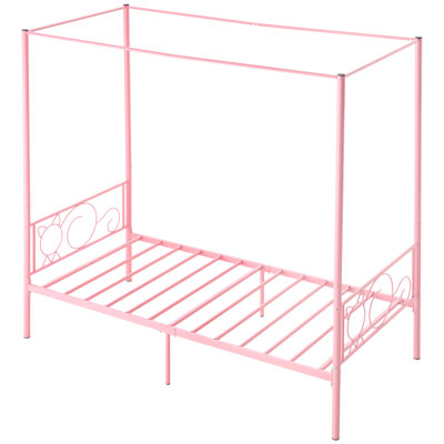 Structure de lit simple à baldaquin en acier rose, tête de lit, baldaquin à quatre colonnes, 12,4 po pour rangement, construction, conception silencieuse, structure en métal facile à installer, couleur, matériau en acier, dessous des joints, simple