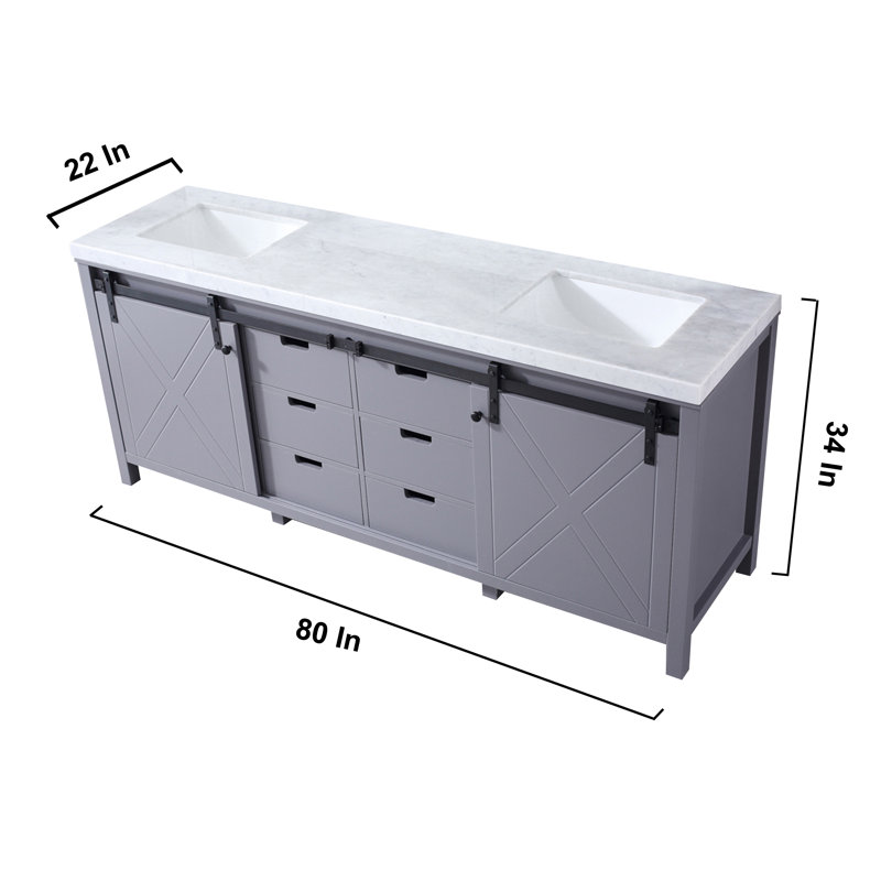 Marsyas 80 in W x 22 in D Double Bath Vanity and 30 in Mirrors, White Carrara Marble, Dark Gray