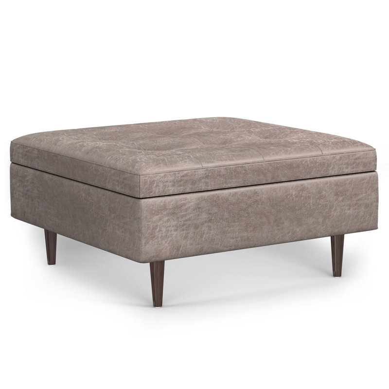 Shay 38"W Upholstered Square Coffee Table Storage Ottoman with Lift Top and Tufted Detail, Distressed Grey Taupe