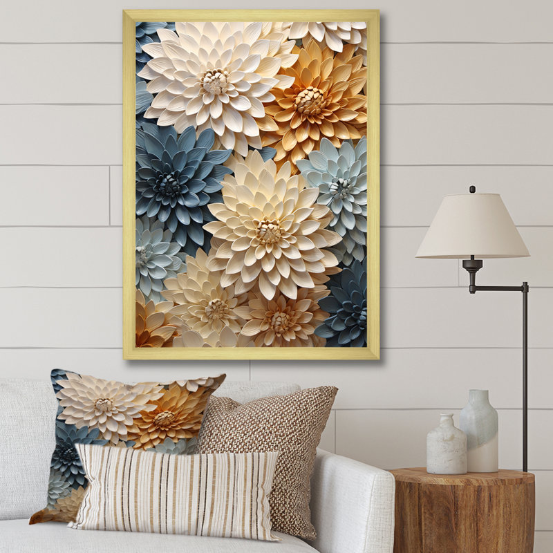 «Blue and White Mums Flowers Elegance VI», reproduction sur toile, H 44 po x l 34 po x P 1,5 po, Cadre doré simple