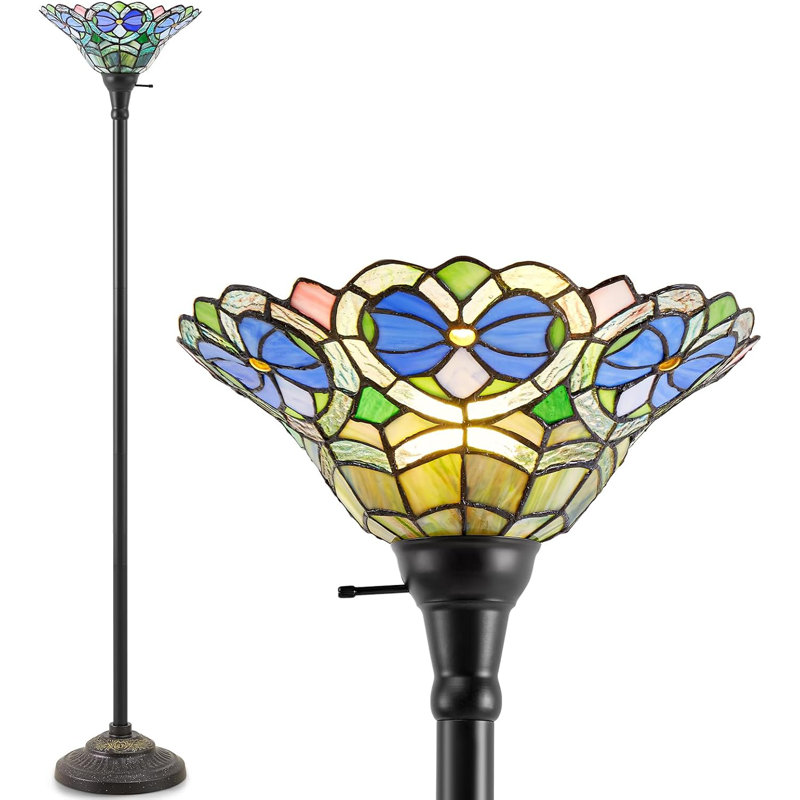 70" Tiffany Style Torchiere Floor Lamp - Handcrafted Stained Glass Uplight For Home & Office