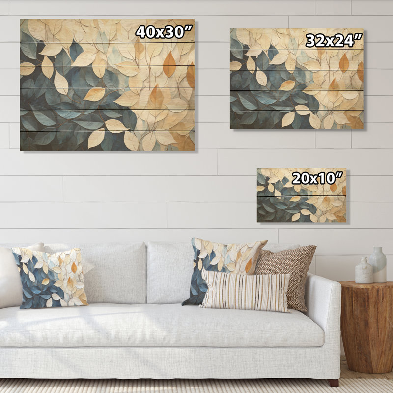 Beige And Blue Minimalism Leaves Collage - Leaves Wood Wall Art On Natural Pine Wood, 30" H x 40" W