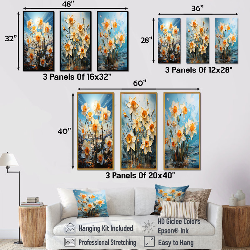 «Daffodil Bloom Sunshine - Daffodils», ensemble de 4 reproductions d'art sur toile, Cadre flottant doré, H 32 po x l 48 po
