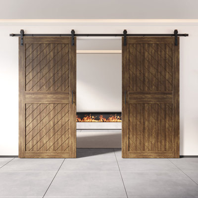 Homacer dark walnut unassembled & finished slanted stripe design two barn door with non-bypass installation hardware kit, interior use only