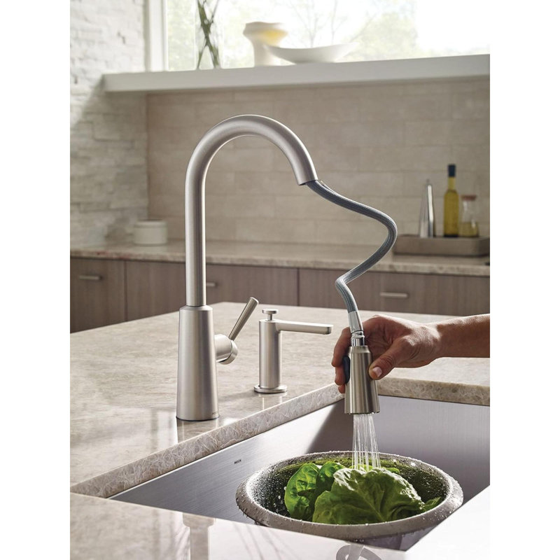 Riley Spot Resist Stainless One Handle Pulldown Kitchen Faucet Featuring Power Boost And Reflex Docking System For The Spray Head, Modern Kitchen Sink Faucet, 7402SRS