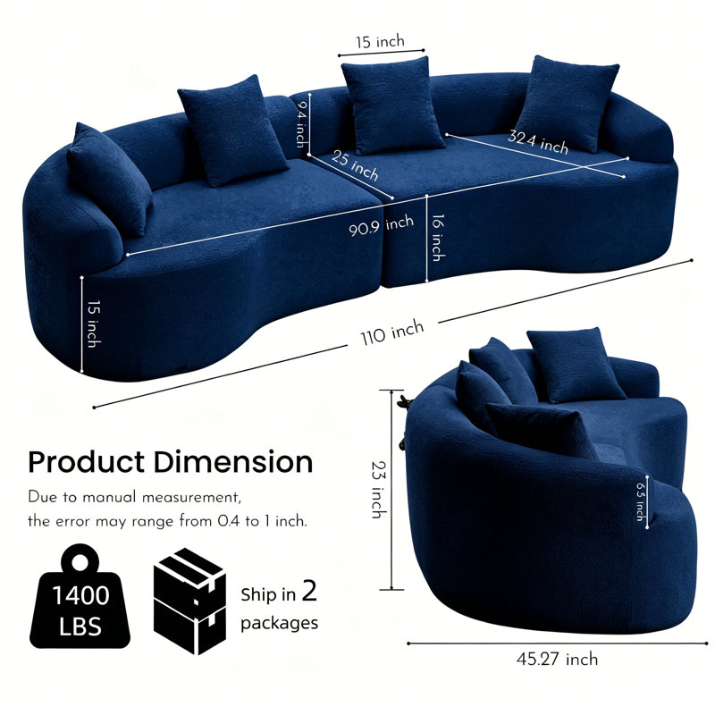 Canapé modulaire courbé 4 places avec méridienne et coussins décoratifs 4 places, Blue