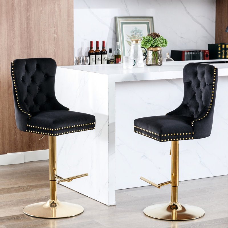 Tabourets de bar réglables en velours noir - confortables pour la maison et la cuisine (de 2 avec siège, Doré, Noir