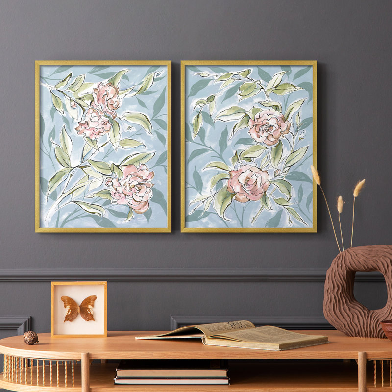 Impression encadrée «I-Premium Camellias» délavée - prête à être accrochée - aucun clou requis - aucun clou requis, Doré