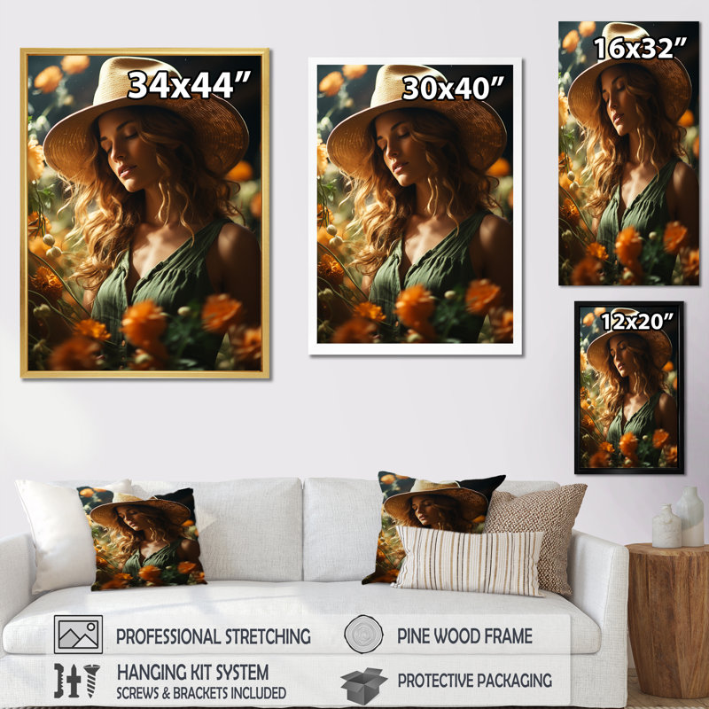 Femme avec chapeau de ferme sur toile, Cadre flottant doré, H 32 po x l 16 po x P 1 po