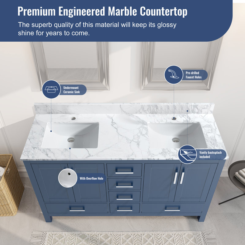 60" Double Freestanding Bathroom Vanity with Cultured Marble Top