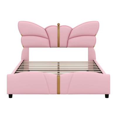 Structure de lit double avec tête et pied de lit papillon, lit plateforme tapissier en similicuir avec décor en métal doré