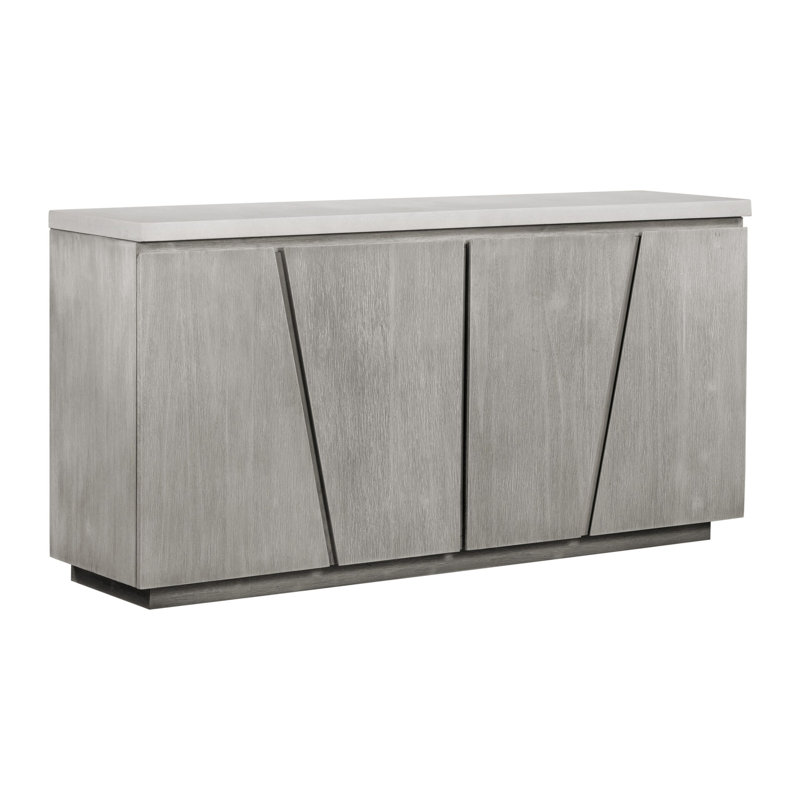 Grand buffet gris avec plateau laqué et structure en acacia brossé