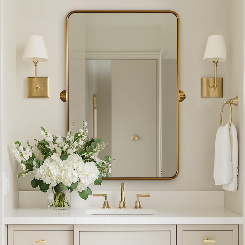 Miroir de salle de bain moderne inclinable, 36 po x 24 po, Or brossé