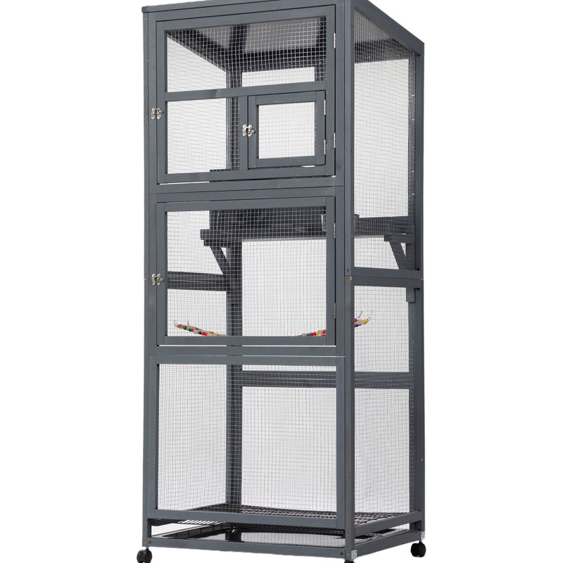 Cage à oiseaux en bois avec roues universelles - grise, facilitant l'alimentation en douceur et l'observatoire