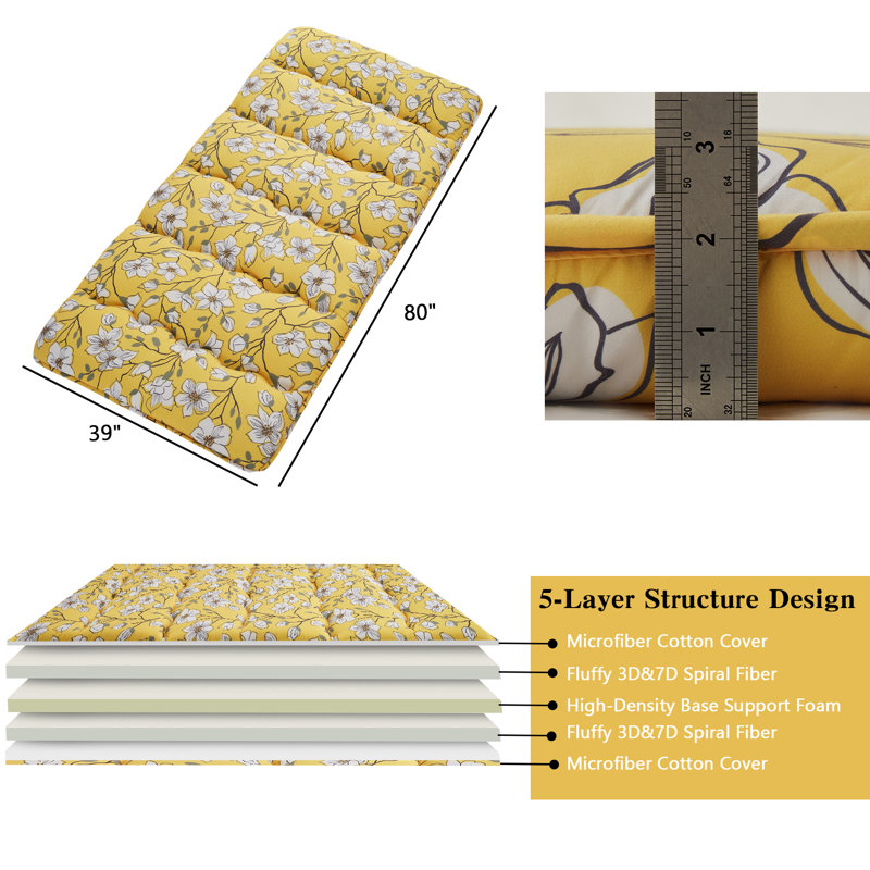 Matelas de futon japonais jaune avec matelas à fleurs et matelas pliant pour lit de camping, Lit simple