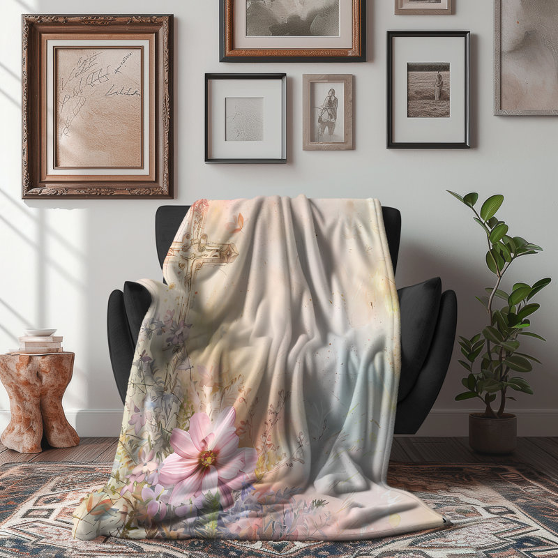 Tranquil Watercolor Cross - couverture en sherpa de qualité supérieure 1 pièce - reproduction d'art luxueuse, Grand lit
