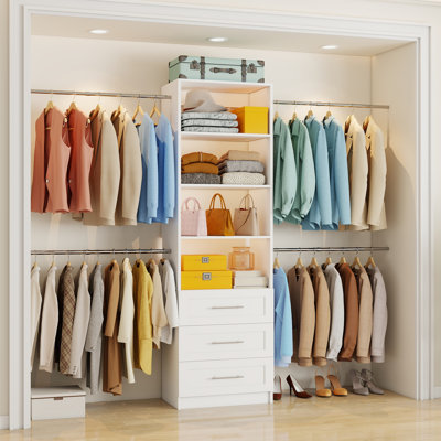 4FT-9FT Closet System Organizer with 3 Wooden Drawers, 4 Expandable Rods & Adjustable Shelves