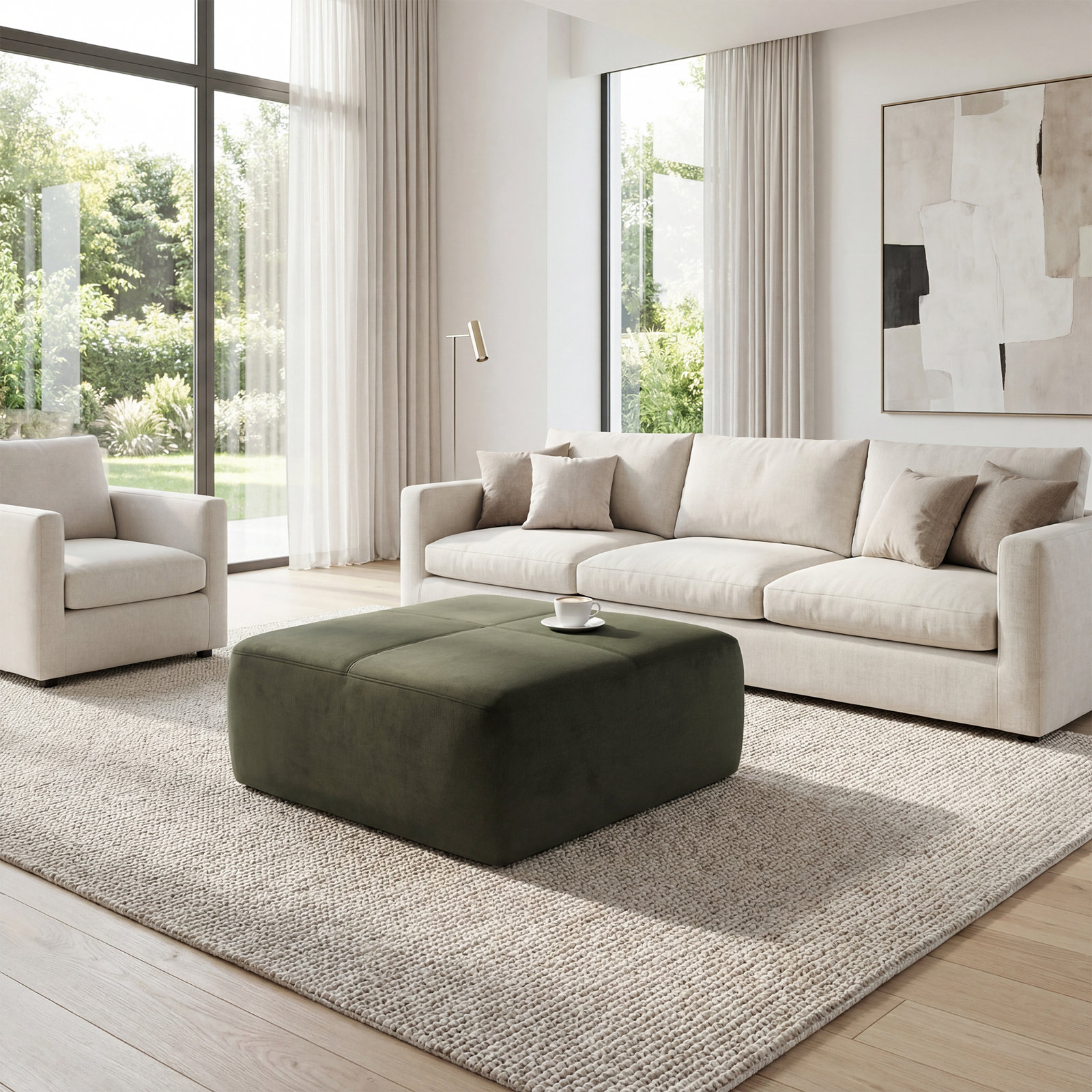 Hartwell 33.9" W Square Upholstered Ottoman, Loden Performance Velvet