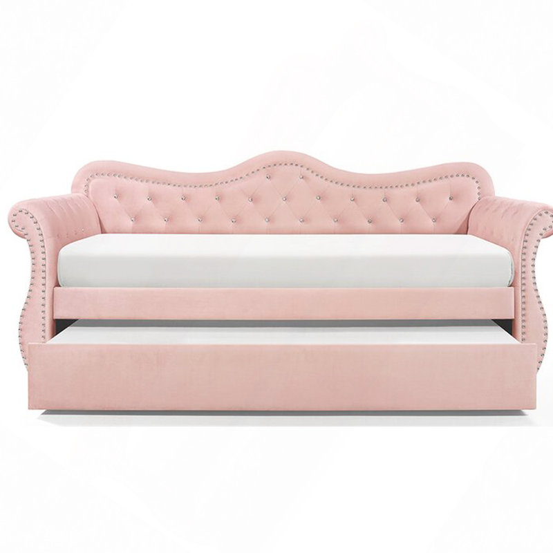 Upholstered Velvet Wood Daybed With Trundle, Pink