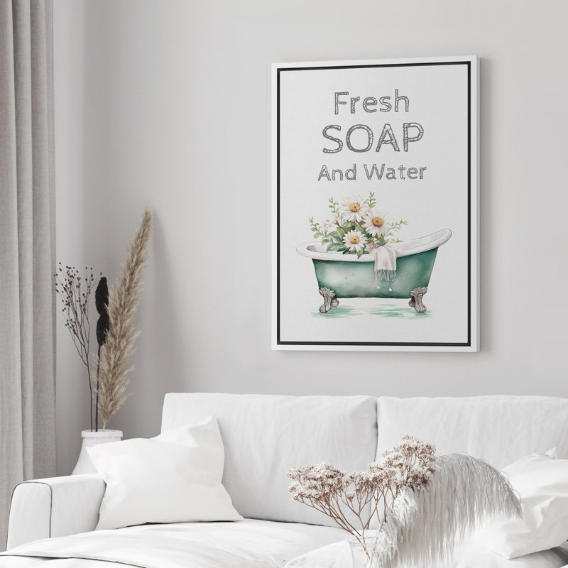 «Fresh Soap and Water Daisies In The Bathaign», décoration de salle de bain mignonne encadrée sur toile, Cadre flottant blanc