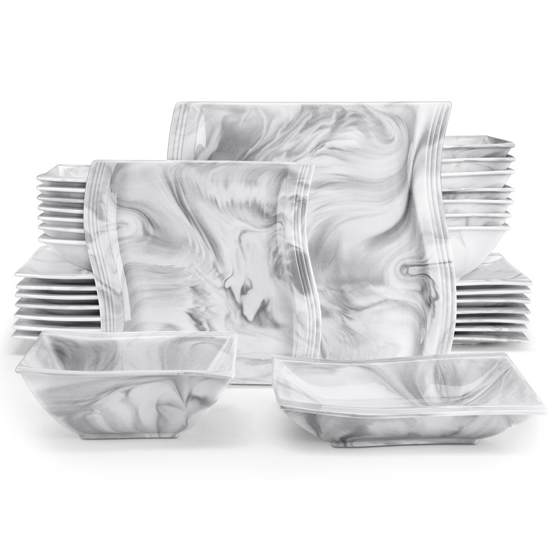 Flora Series, 32-piece Marble Grey Porcelain China Dinnerware Set, Service For 8