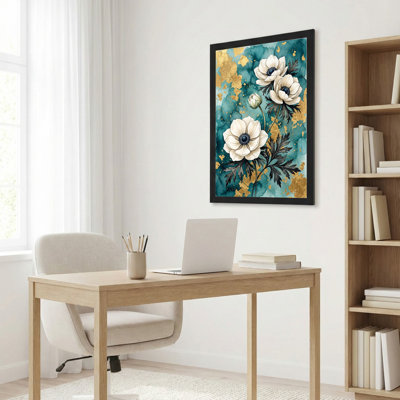 Art mural sur toile noir encadré pour le salon, la chambre à coucher, le bureau ou le vestibule - décoration murale décorative avec or floral