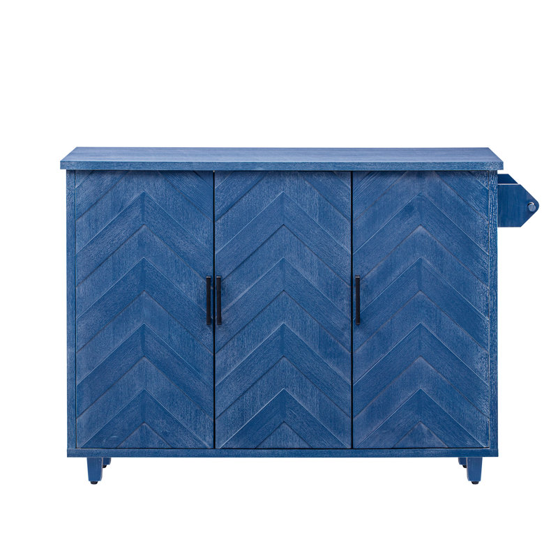 Versatile 3D Wave Stripes Ash Veneer Kitchen Island With Practical Features, Navy Blue