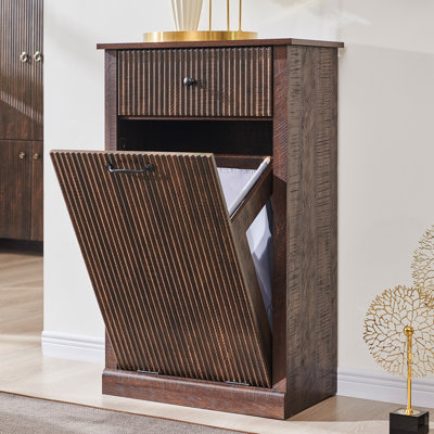  Modern Tilt Out Laundry Hamper Cabinet,10 Gallon Fluted Wooden Garbage Can Cabinet with Drawers  (Includes 1pc laundry basket)