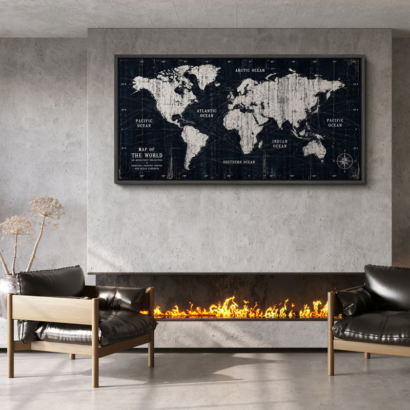 Œuvre d'art rétro vintage et noir et blanc carte du monde carte de navigation - impression sur toile encadrée, Black