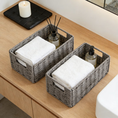 Paniers de rangement en corde de papier tissés à la main, ensemble de 2 paniers pliables en osier pour tablettes, paniers pliables pour la salle de bain, le salon et la cuisine